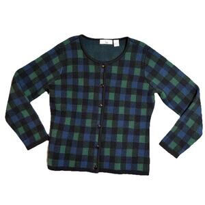 Ms Lee Womens L Blue Green Plaid Button Front Cardigan Sweater Vintage Preppy